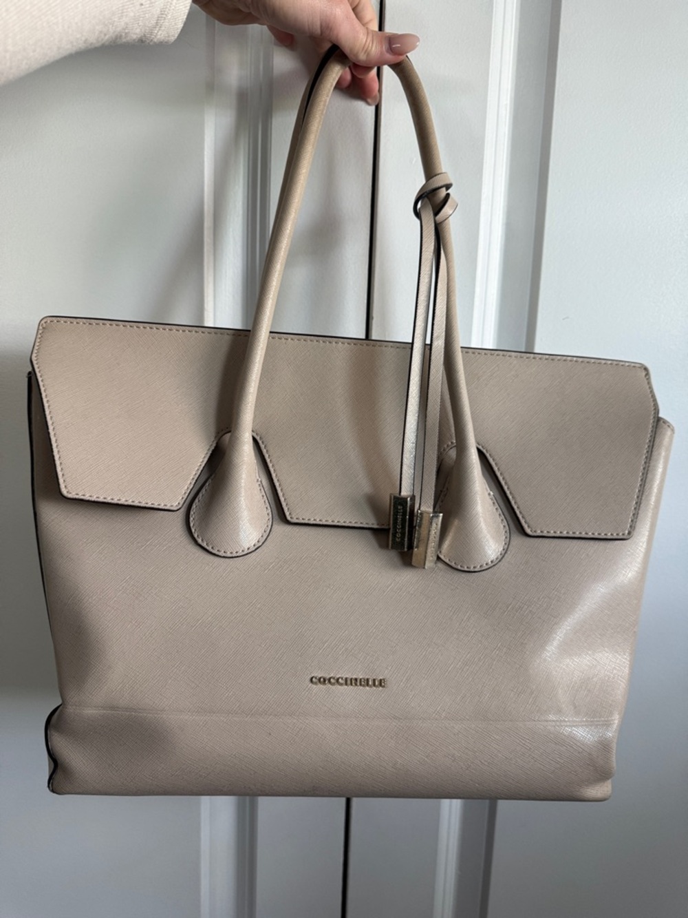 Coccinelle Taupe Saffiano Leather Tote with Top Handles